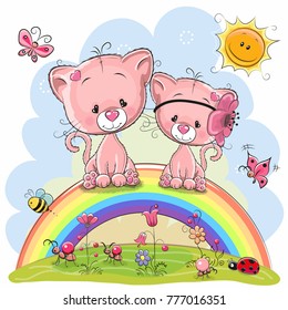 Two Cute Cartoon Pink Kittens are sitting on the rainbow