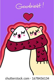 Dos lindos osos osos polares de caricatura durmiendo juntos en una bufanda roja con corazón y amor.Postal. ¡Buenas noches! Vector.