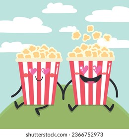 Two cute cartoon popcorn characters in love. Two popcorn buckets are sitting on the grass with heart shaped eyes. Flat style. Vector illustration