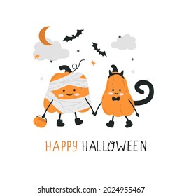 Two cute cartoon pumpkins in halloween character costumes:cat and mummy.  Hand-drawn vector illustration.