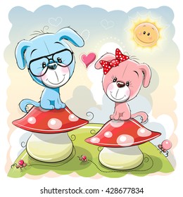 Two Cute Cartoon puppies are sitting on mushrooms