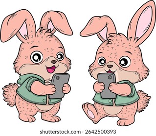 Two cute cartoon rabbits happily using smartphones. A colorful illustration perfect for themes of technology, kids' screen time, or digital learning