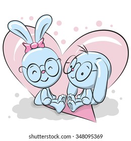 Two Cute Cartoon rabbits on a background of heart

