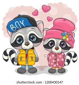 Two cute cartoon Raccoons boy and girl on a heart background