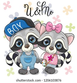 Two cute Cartoon Raccoons on a flowers background