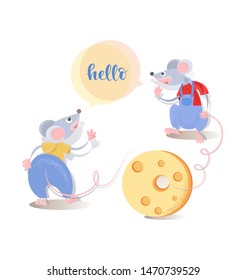  Two cute cartoon rats greet each other and cheese. Funny mice. Hello. Animal, rodent. Year of the rat. Chinese zodiac horoscope.Vector illustration isolated on a white background