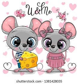 Two cute Cartoon Rats on a hearts background