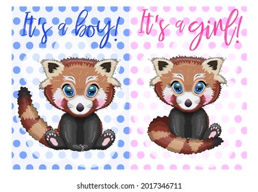 Two Cute cartoon red pands with beautiful eyes among flowers, hearts, a boy and a girl. baby shower invitation card
