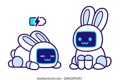 Dos conejitos lindos del robot de la historieta, dibujo simple. Sentarse y cargar mientras duerme. Ilustración de arte de Clip de Vector de conejo de mascota electrónica kawaii.