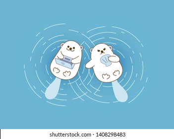 Two cute cartoon sea otters floating and holding clam and laptop computer in the sea. illustration vector.