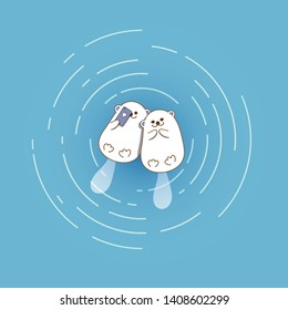 Two cute cartoon sea otters floating and holding mobile makes a selfie with his lover in the sea.  Vector illustration. 