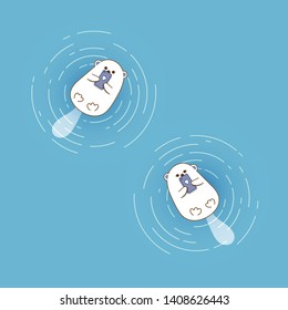 Two cute cartoon sea otters  ignoring each other playing mobile relaxing and floating in the sea. Mobile addiction concept. Vector illustration. 