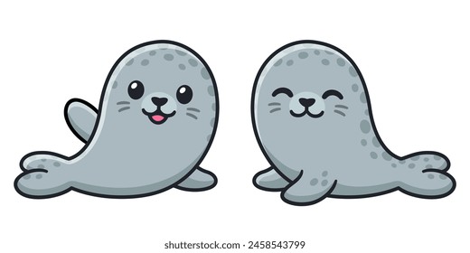 Two cute cartoon seals drawing, kawaii vector illustration. Grey spotted harbor seal waving hello.