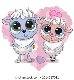 Two Cute Cartoon sheep on a background of heart