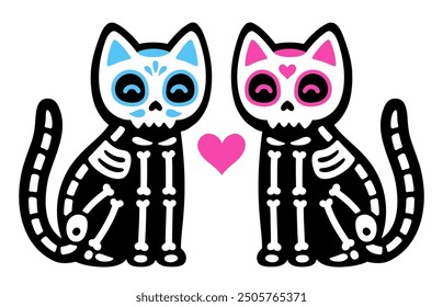 Dois bonitos desenhos esqueléticos gatos com crânios pintados mexicanos. Casal de gato preto masculino e feminino. Dia de los Muertos (Dia dos Mortos) desenho, ilustração vetorial.