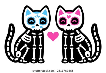 Two cute cartoon skeleton cats with Mexican painted skulls. Male and female black cat couple. Dia de los Muertos (Day of the Dead) drawing, vector illustration.