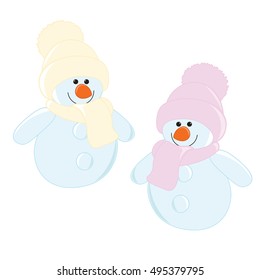 Two cute cartoon snowman in hat and scarf on a white background.

