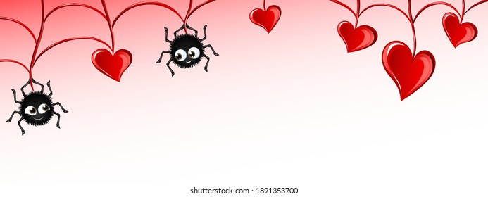 Two cute cartoon spiders have wove a festive web with hearts for Valentine's Day