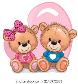 Two Cute Cartoon Teddy Bears heart background