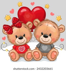 Two Cute Cartoon Teddy Bears with heart balloon