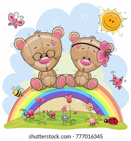 Two Cute Cartoon Teddy Bears are sitting on the rainbow