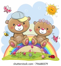 Two Cute Cartoon Teddy Bears are sitting on the rainbow