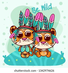 Two Cute Cartoon tiger boy and girl with feathers. Can be used for baby t-shirt print, fashion print design, kids wear, baby shower celebration, greeting and invitation card. - Vector