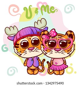 Two Cute Cartoon tiger boy and girl . Can be used for baby t-shirt print, fashion print design, kids wear, baby shower celebration, greeting and invitation card. - Vector