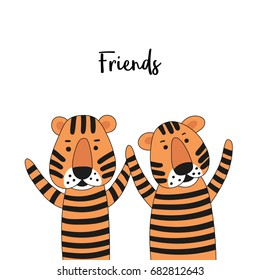 Two cute cartoon tigers friends. Vector illustration in a hand-drawn style.