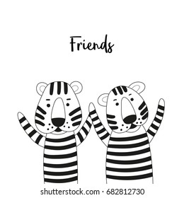 Two cute cartoon tigers friends. Black and white coloring page. Vector illustration in a hand-drawn style.