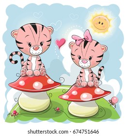 Two Cute Cartoon Tigers are sitting on mushrooms