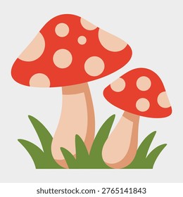 Two cute cartoon toadstool mushrooms growing in green grass with mushroom, toadstool