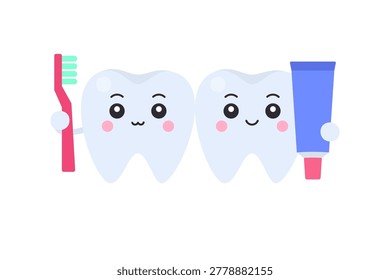 Two cute cartoon tooth characters with red toothbrush and blue toothpaste tube on white background vector illustration