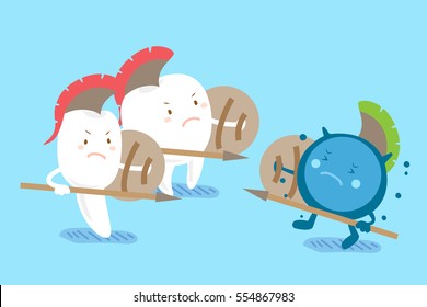 two cute cartoon tooth fight to the bacterium