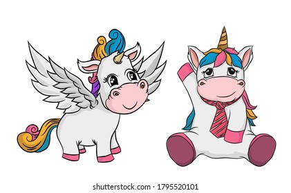 Zwei Cute-Cartoon-Einhörner einzeln auf weißem Hintergrund