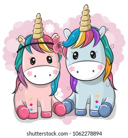 Two Cute Cartoon Unicorns on a heart background