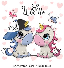 Dos dibujos animados de Unicornio en fondo de corazones
