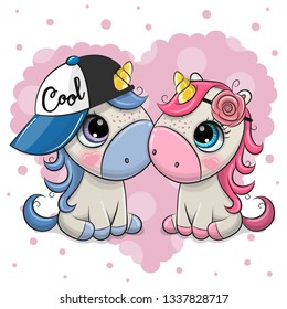 Two Cute Cartoon Unicorns on a heart background