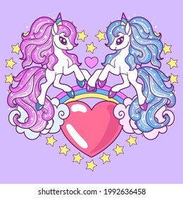 Two cute cartoon unicorns with a pink heart 0 rainbow on a lilac background. Children's illustration. For the design of prints, posters, cards, stickers, badges, etc. Vector