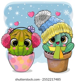 Two cute cartoon winter Cacti on a blue background