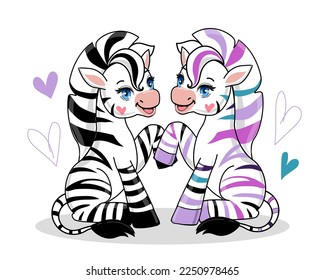 Two cute cartoon zebras on a white background. Print isolated for kids
