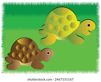 Two Cute Cartoonist Brown and Green Turtle crawling on the grass. Funny Tortoise cartoon Characters. Editable clipart vector EPS available