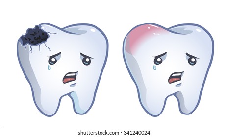 Two cute cartooon damaged tooth 