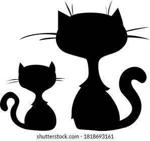 Two Cute Cat Cartoon Silhouette Sitting - Vector illustration
