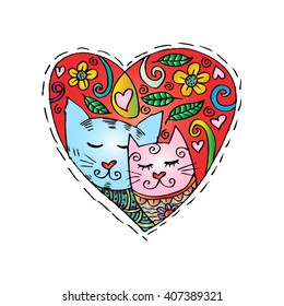 Two cute cat in love. Doodle style.