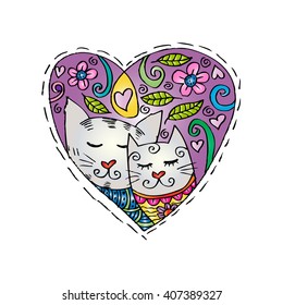 Two cute cat in love. Doodle style.