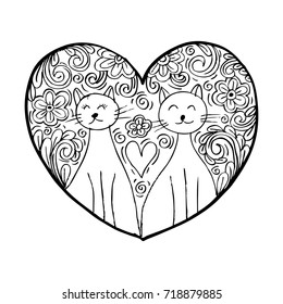 Two cute cat in love. Doodle style.