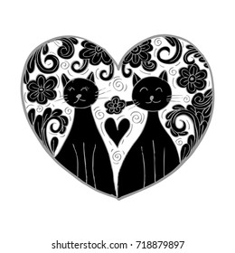 Two cute cat in love. Doodle style.