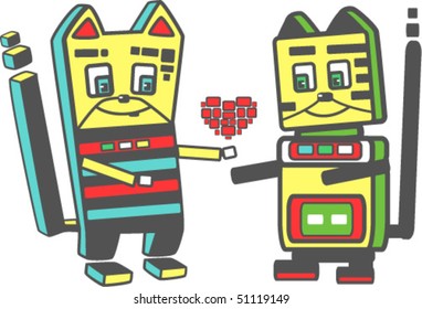 Two cute cat robots in love
