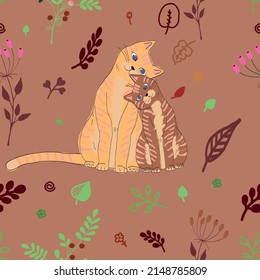 Two cute cats among different plants. Vector seamless pattern.